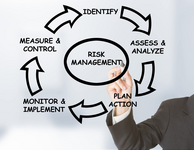 Businessman drawing risk management circle on transparent board