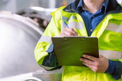 Nahaufnahme: Jemand in Arbeitsweste hält ein Klemmbrett in der Hand